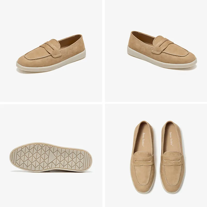 BeauToday Premium Handmade Suede Casual Walk Penny Loafers with Round Toe for Women