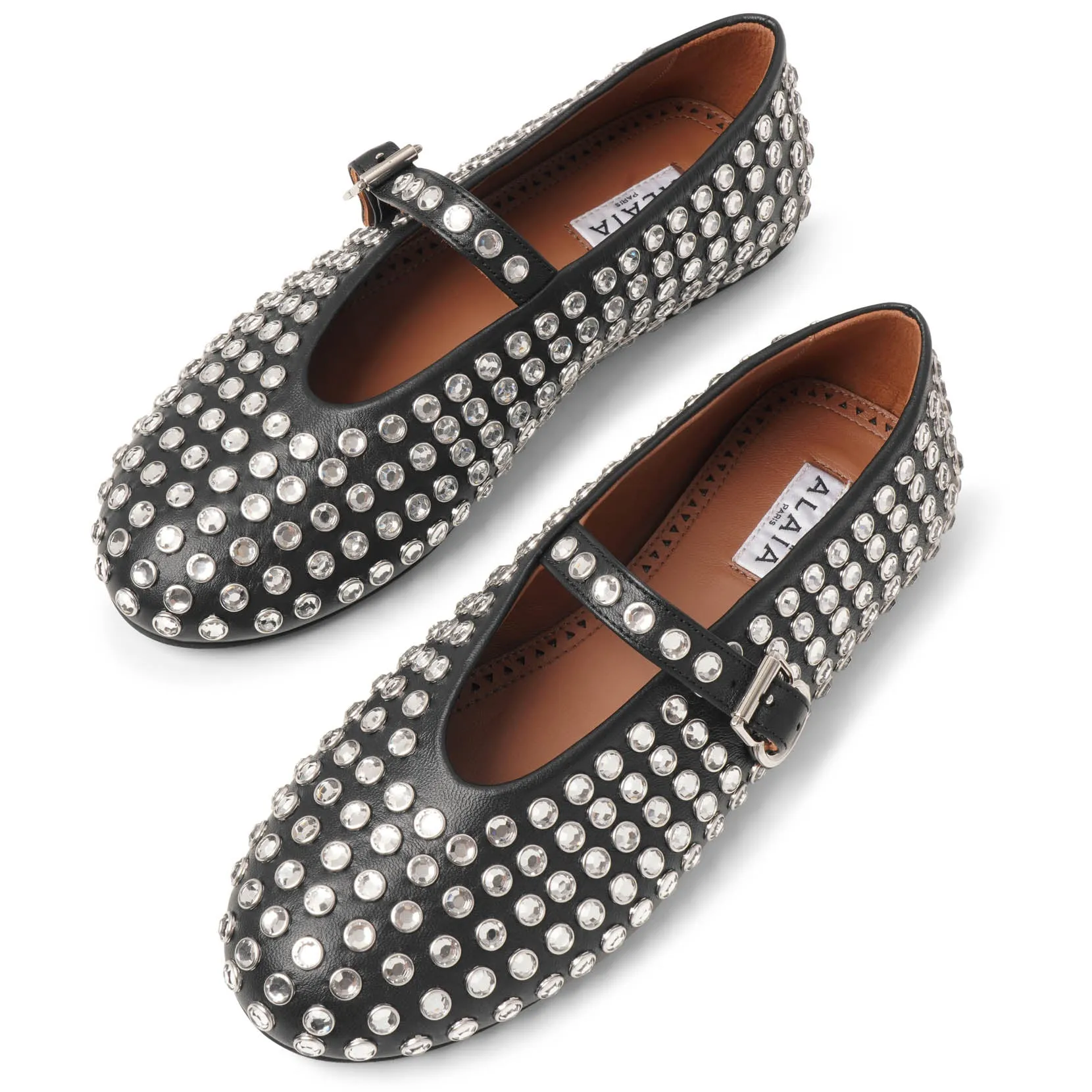 Embellished black leather ballet flats