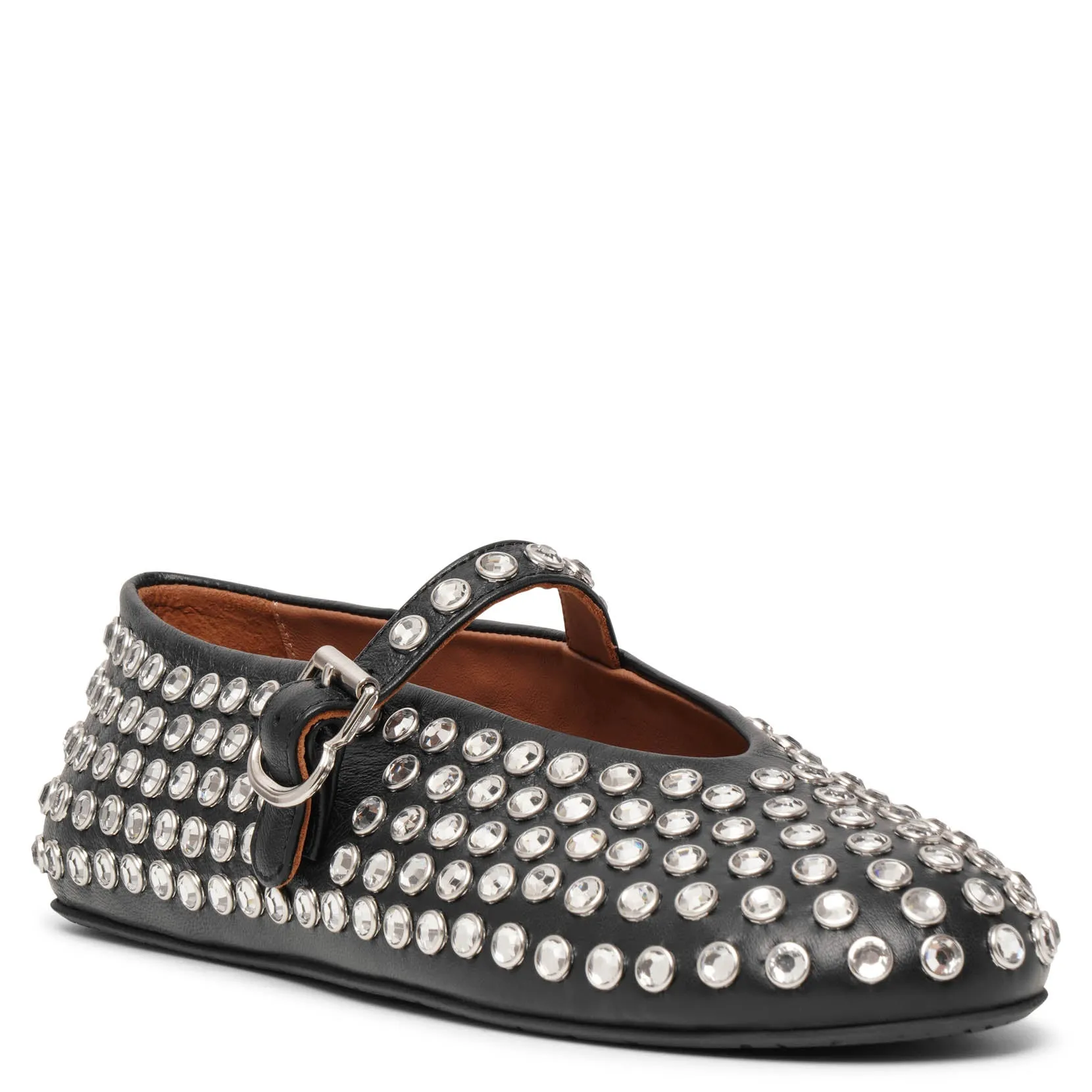 Embellished black leather ballet flats