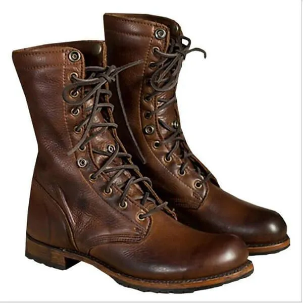 Leather Lace Up Low Heel Martin Boots