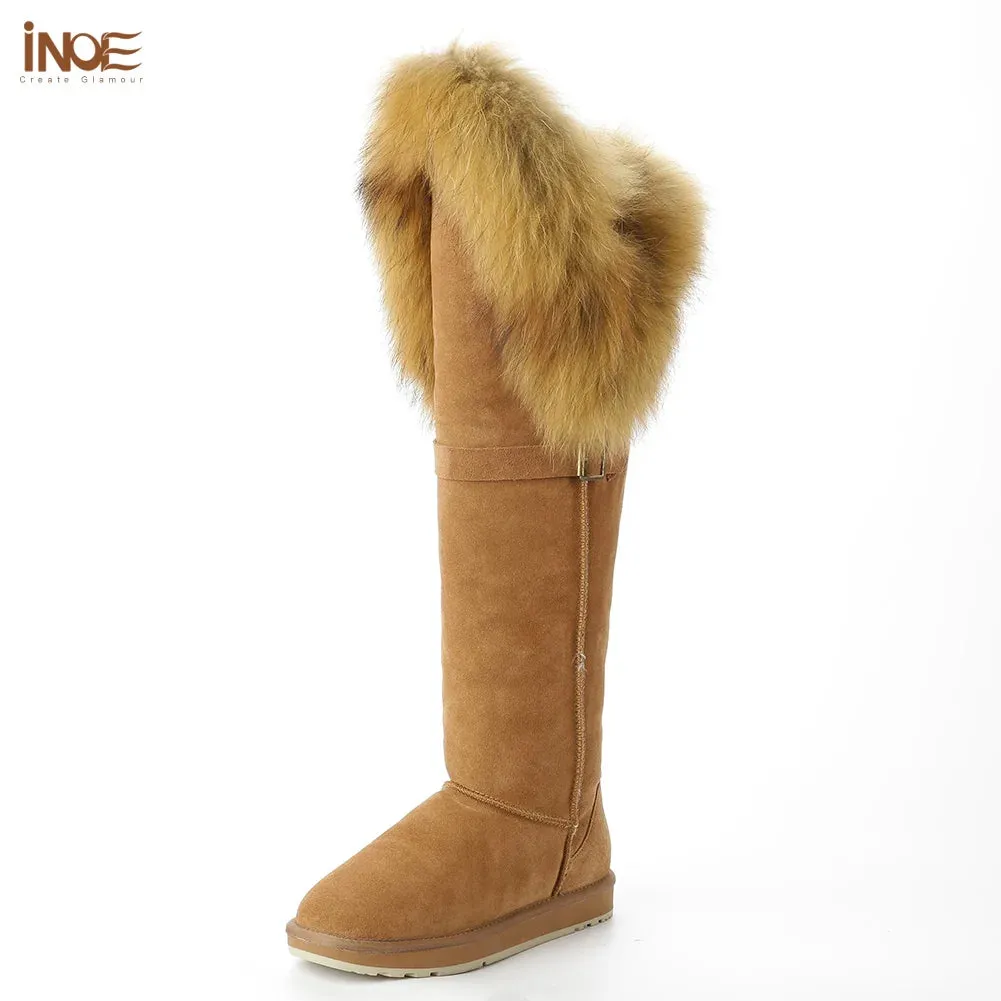 Natural Fox Fur Winter Boots For Women, Over-The-Knee Leather Snow Boots, Plush Lining