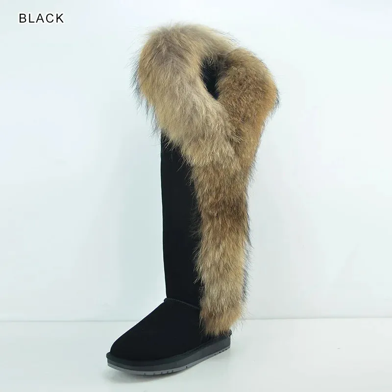 Natural Fox Fur Winter Boots For Women, Over-The-Knee Leather Snow Boots, Plush Lining