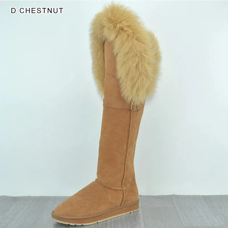 Natural Fox Fur Winter Boots For Women, Over-The-Knee Leather Snow Boots, Plush Lining
