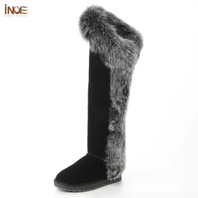 Natural Fox Fur Winter Boots For Women, Over-The-Knee Leather Snow Boots, Plush Lining