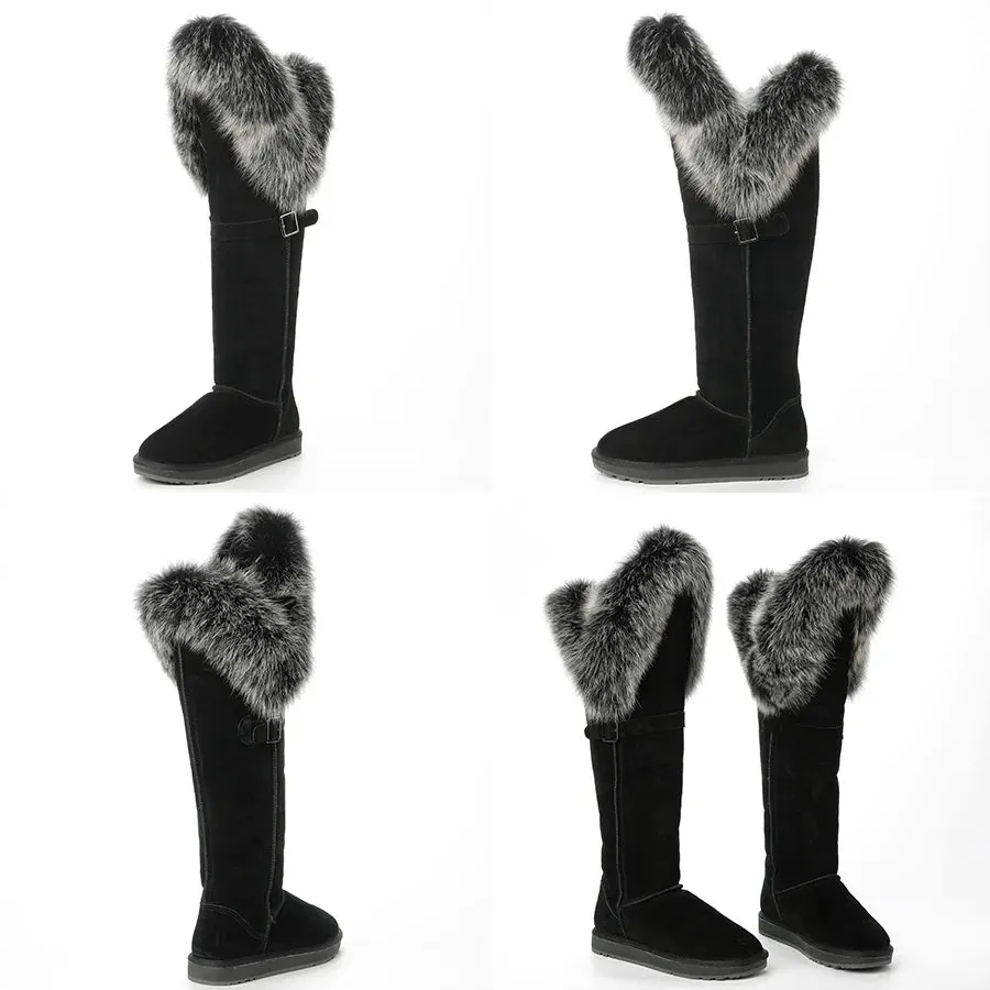 Natural Fox Fur Winter Boots For Women, Over-The-Knee Leather Snow Boots, Plush Lining