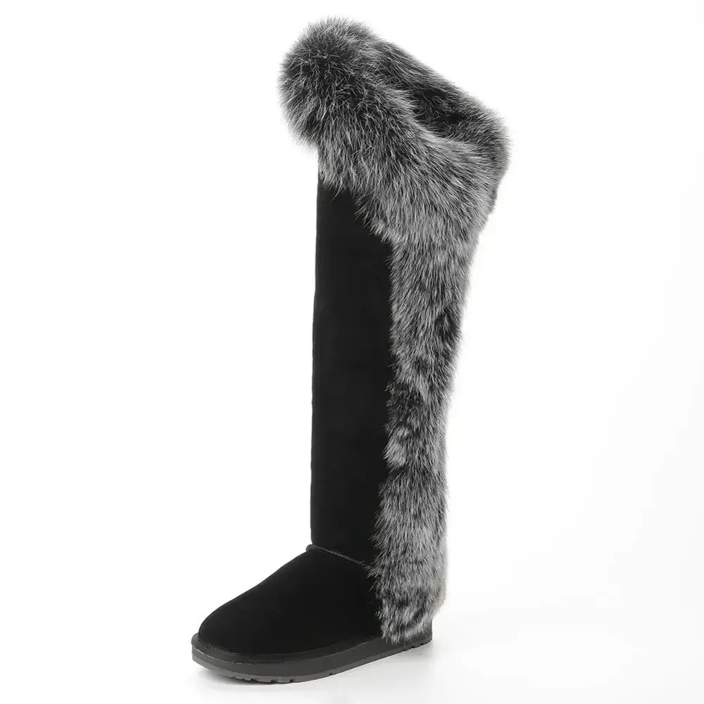 Natural Fox Fur Winter Boots For Women, Over-The-Knee Leather Snow Boots, Plush Lining