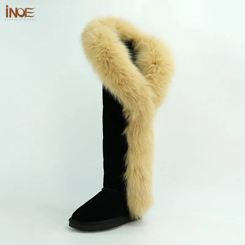 Natural Fox Fur Winter Boots For Women, Over-The-Knee Leather Snow Boots, Plush Lining