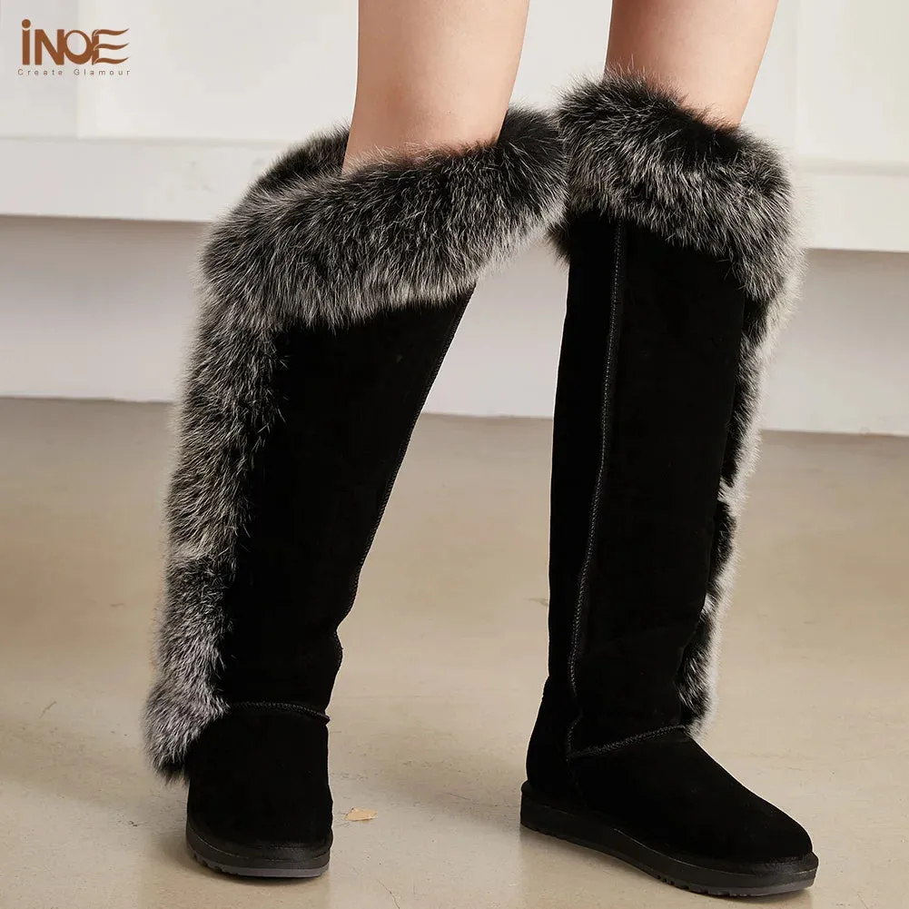 Natural Fox Fur Winter Boots For Women, Over-The-Knee Leather Snow Boots, Plush Lining
