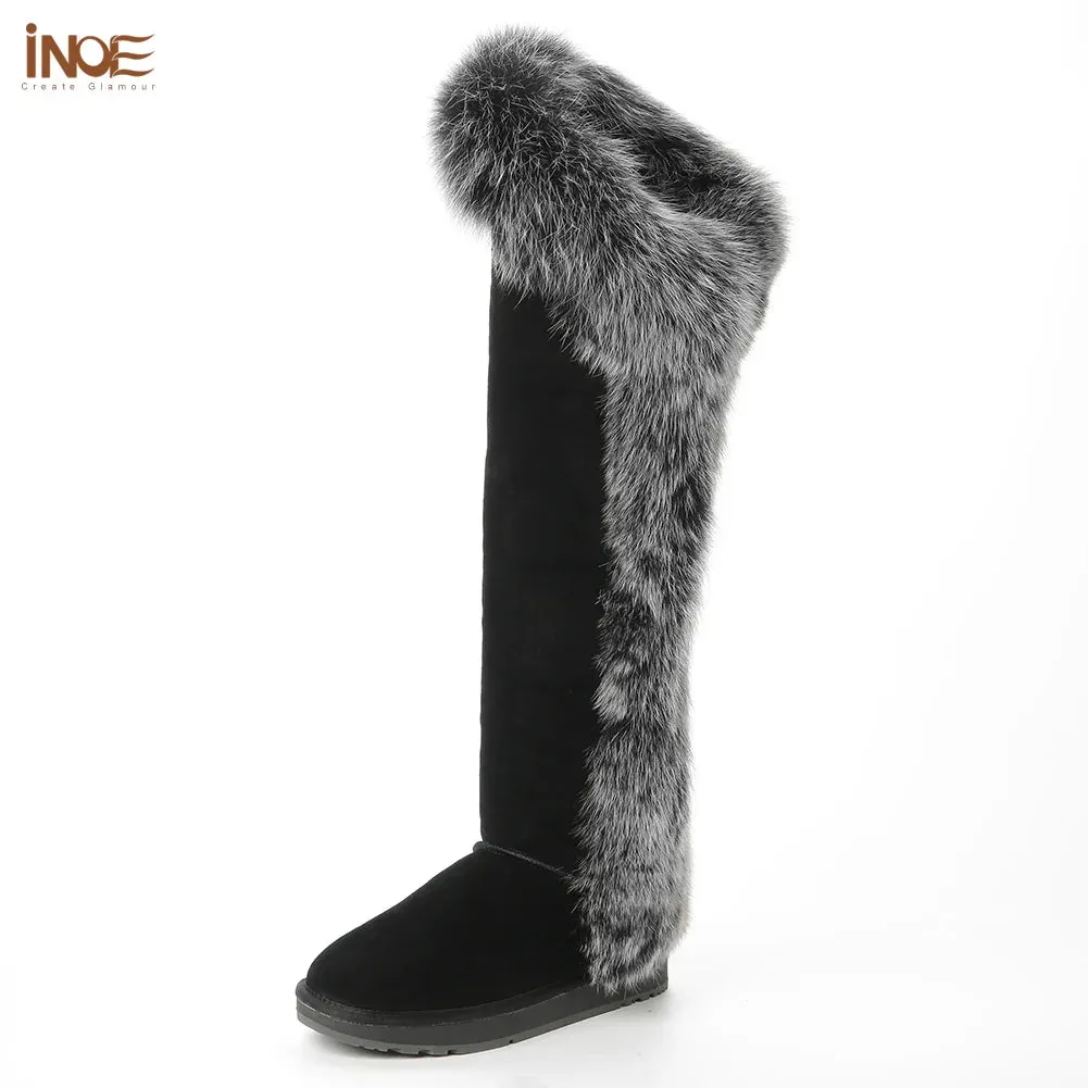 Natural Fox Fur Winter Boots For Women, Over-The-Knee Leather Snow Boots, Plush Lining