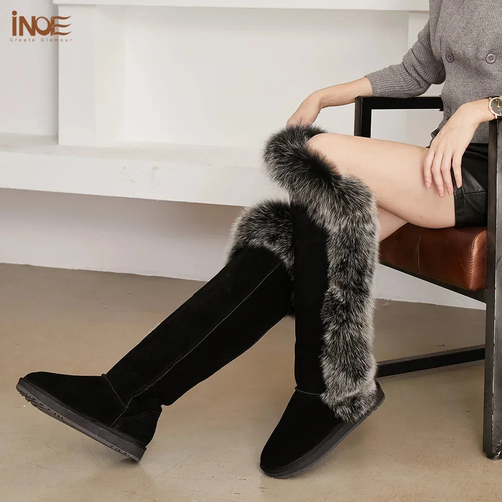 Natural Fox Fur Winter Boots For Women, Over-The-Knee Leather Snow Boots, Plush Lining
