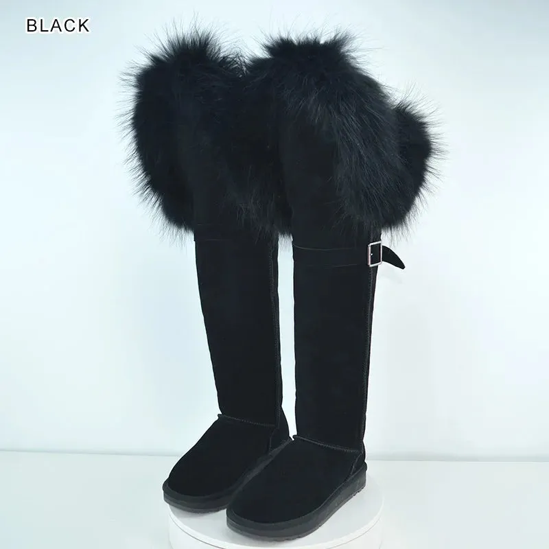 Natural Fox Fur Winter Boots For Women, Over-The-Knee Leather Snow Boots, Plush Lining