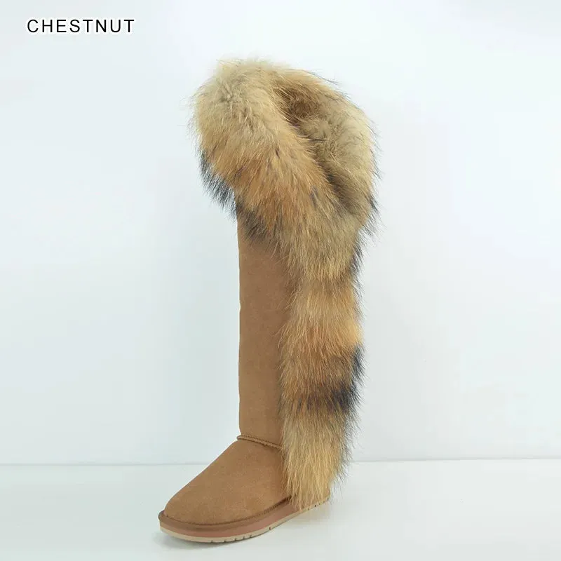 Natural Fox Fur Winter Boots For Women, Over-The-Knee Leather Snow Boots, Plush Lining