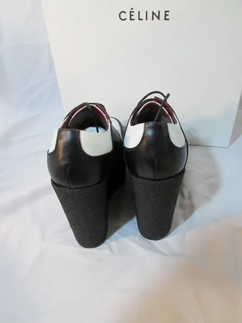 NEW CELINE PARIS Platform Wedge Saddle Shoe Leather 36 6 BLACK WHITE Heel Womens