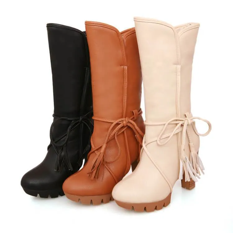 Platform Lace Up Leather Chunky Heel Calf Boots