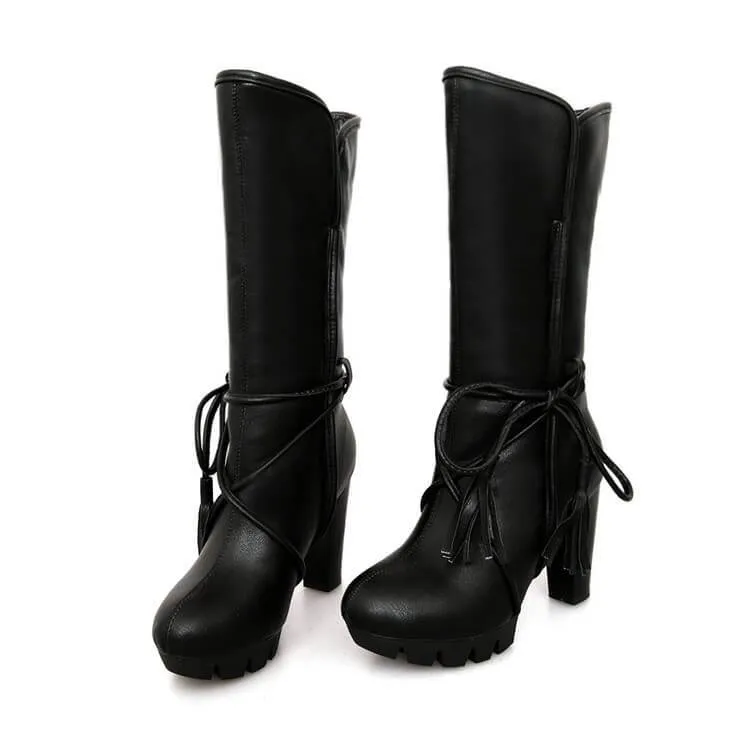 Platform Lace Up Leather Chunky Heel Calf Boots