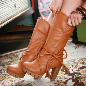 Platform Lace Up Leather Chunky Heel Calf Boots