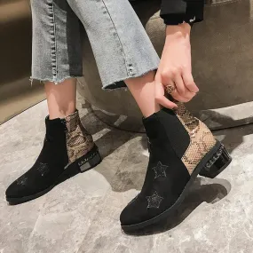 Snakeskin Star Chunky Low Heel Ankle Boots