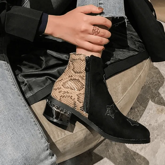 Snakeskin Star Chunky Low Heel Ankle Boots