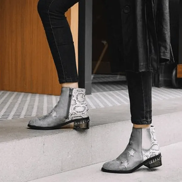 Snakeskin Star Chunky Low Heel Ankle Boots