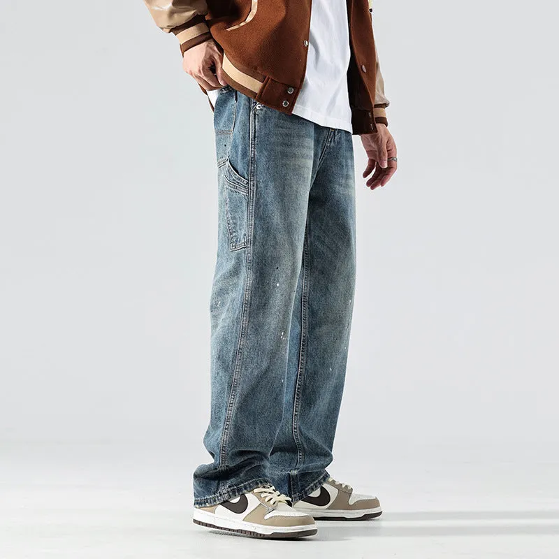 Spring and Autumn Straight Jeans Men's American Style High Street Loose Fashion Brand Retro Washed Teenagers Wide Leg Trousers