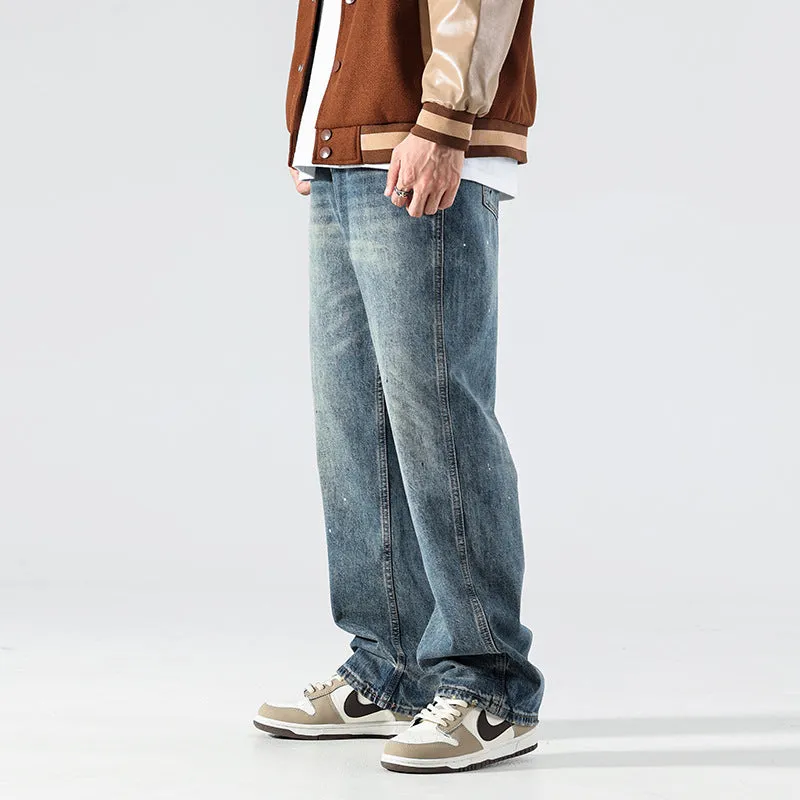 Spring and Autumn Straight Jeans Men's American Style High Street Loose Fashion Brand Retro Washed Teenagers Wide Leg Trousers