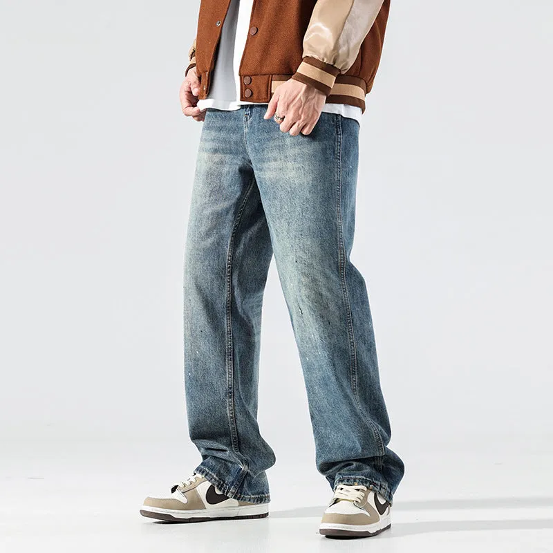 Spring and Autumn Straight Jeans Men's American Style High Street Loose Fashion Brand Retro Washed Teenagers Wide Leg Trousers