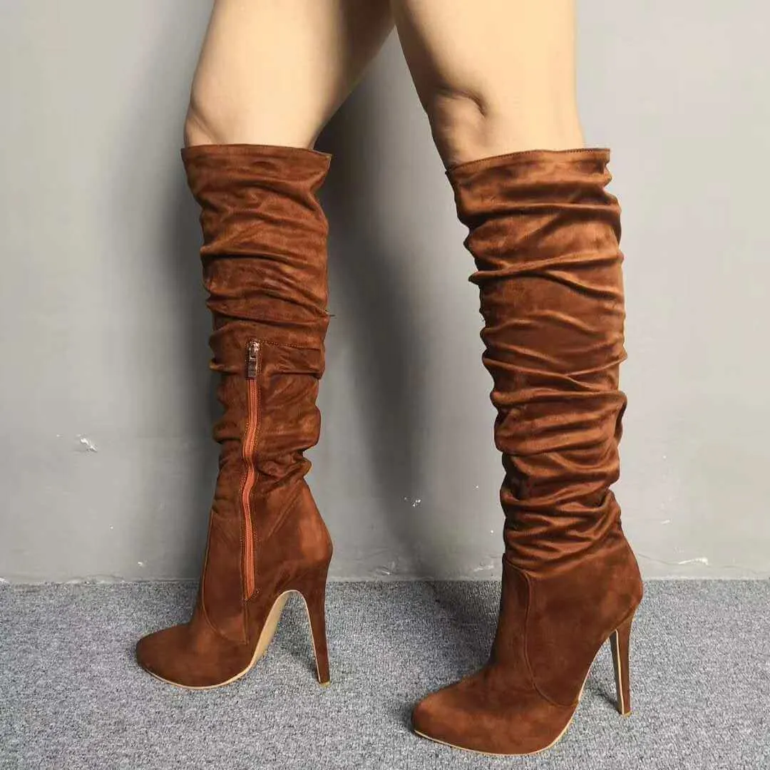 Suede Brown Ruched High Heel Knee High Boots