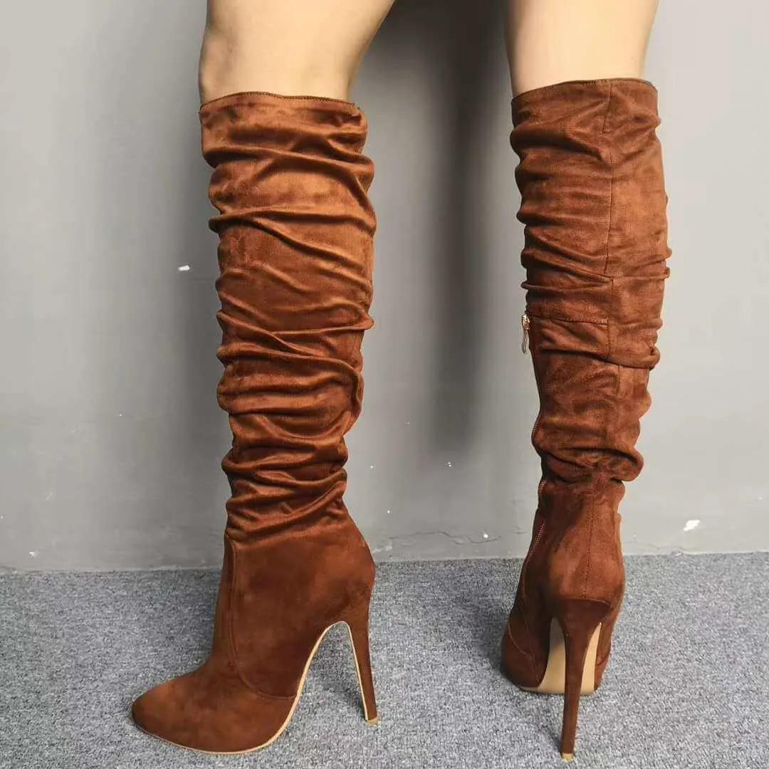 Suede Brown Ruched High Heel Knee High Boots